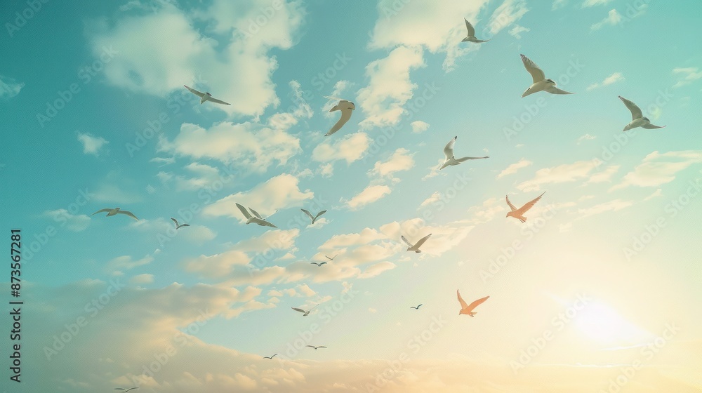 Fototapeta premium Birds Flying In A Cloudy Sky With Golden Sunset