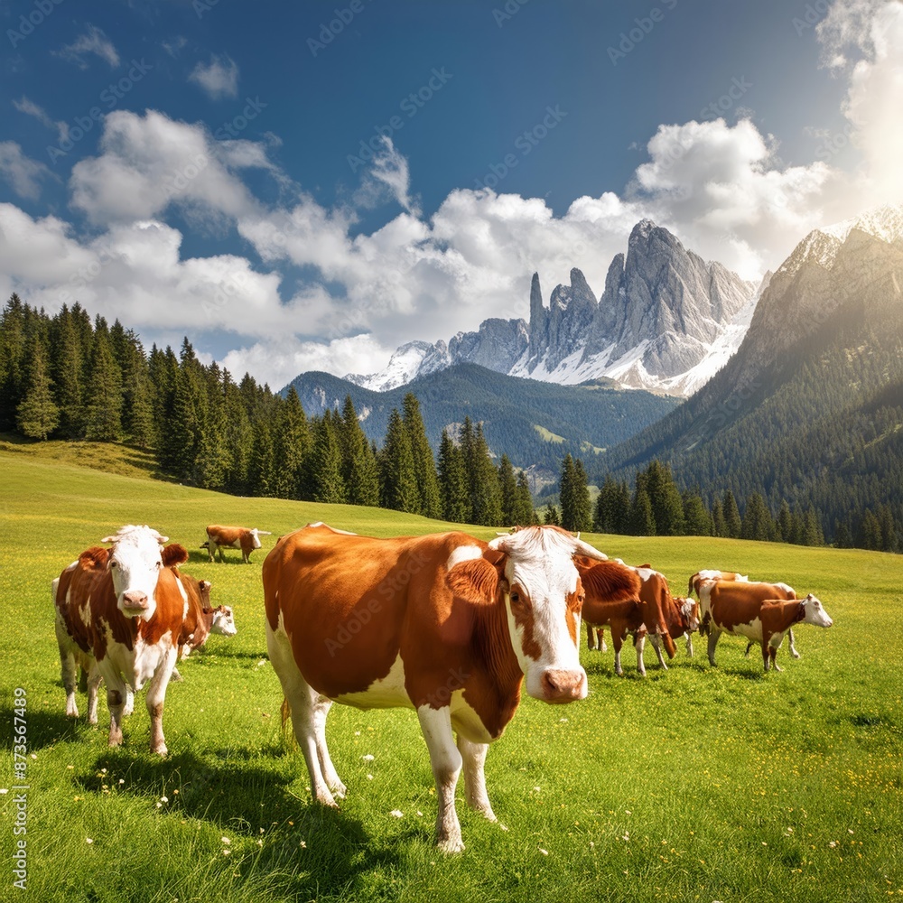 A serene scene of a herd of cows peacefully grazing in a lush green field overlooked by majestic mountains in the background A serene scene of a herd of cows peacefully grazing in a lush green field overlooked by majestic mountains in the background