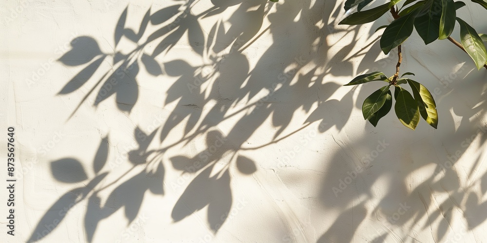 Sunlight casts intricate shadows of leaves on a white wall, creating a minimalist and elegant natural pattern, highlighting the serene beauty of nature and light interplay. Sunlight casts intricate shadows of leaves on a white wall, creating a minimalist and elegant natural pattern, highlighting the serene beauty of nature and light interplay.