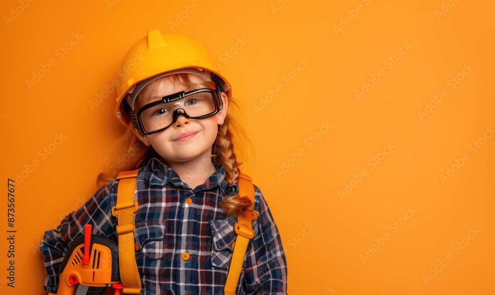 Adorable Child Construction Worker in Hard Hat with Tools on Orange Background with Copy Space Adorable Child Construction Worker in Hard Hat with Tools on Orange Background with Copy Space