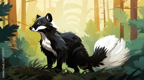 Skunk with tail raised defensively flat design top view forest theme cartoon drawing vivid photo