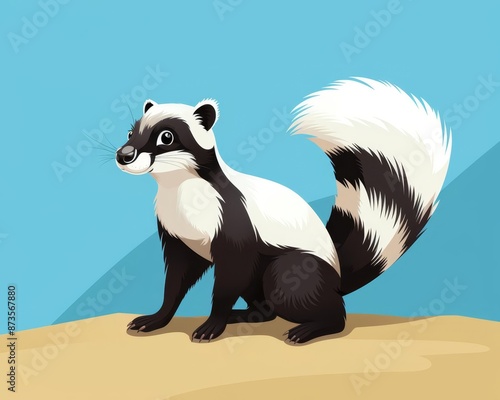 Skunk with tail raised defensively flat design top view forest theme cartoon drawing vivid photo