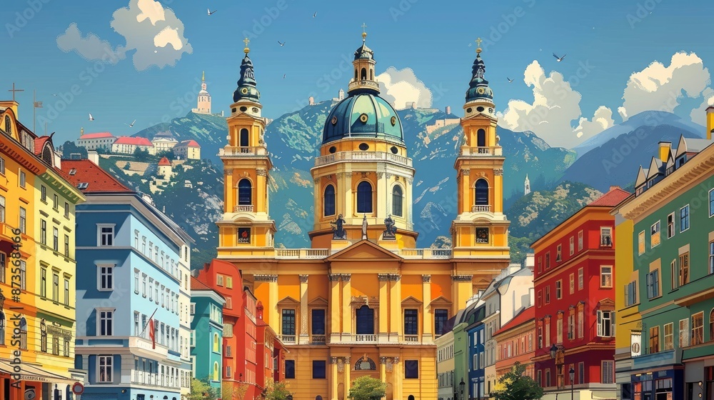 Naklejka premium Vintage travel poster of Vienna, flat design of Karlskirche, baroque splendor and musical heritage,