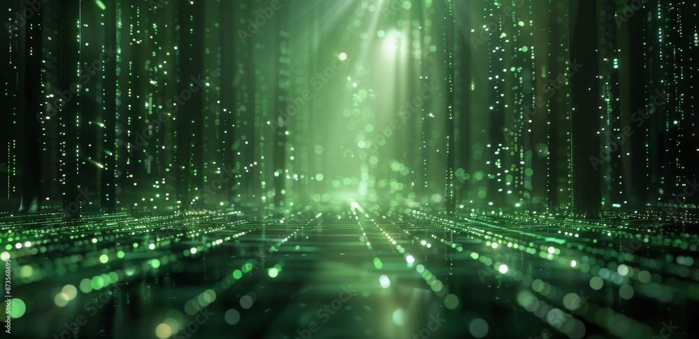 Digital Green Corridor of Binary Code With Bright Light at the End Digital Green Corridor of Binary Code With Bright Light at the End