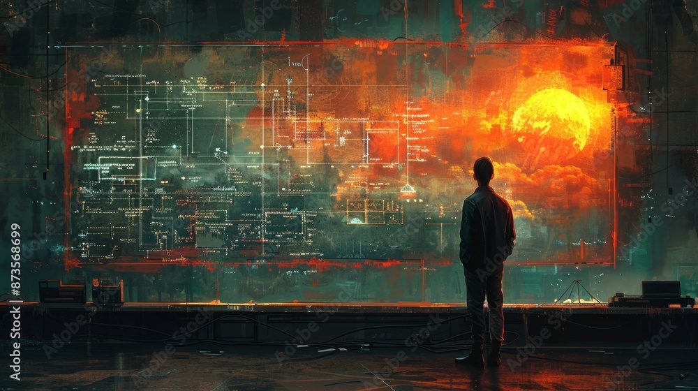 Man Standing in Front of Futuristic Digital Screen with Glowing Sun - Generative AI Man Standing in Front of Futuristic Digital Screen with Glowing Sun - Generative AI