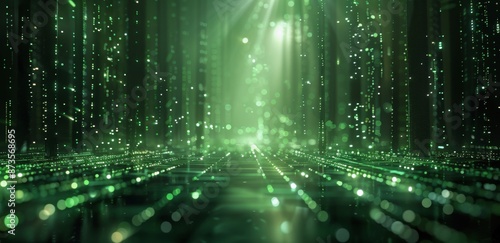 Digital Green Corridor of Binary Code With Bright Light at the End