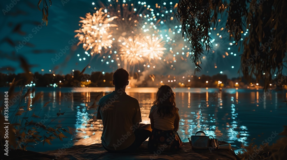 Silhouette of a father and daughter sitting on the grass and watching fireworks Silhouette of a father and daughter sitting on the grass and watching fireworks