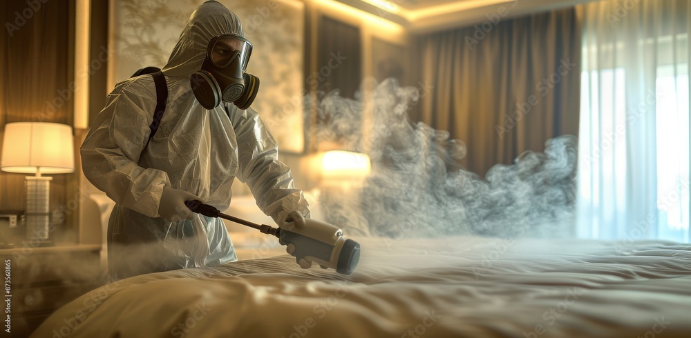 Protective Suit Worker Sanitizing Hotel Room Bed With Steam Protective Suit Worker Sanitizing Hotel Room Bed With Steam