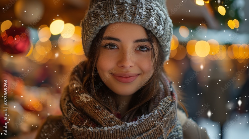 Portrait of a Smiling Woman in Winter Attire at a Festive Market - Generative AI Portrait of a Smiling Woman in Winter Attire at a Festive Market - Generative AI