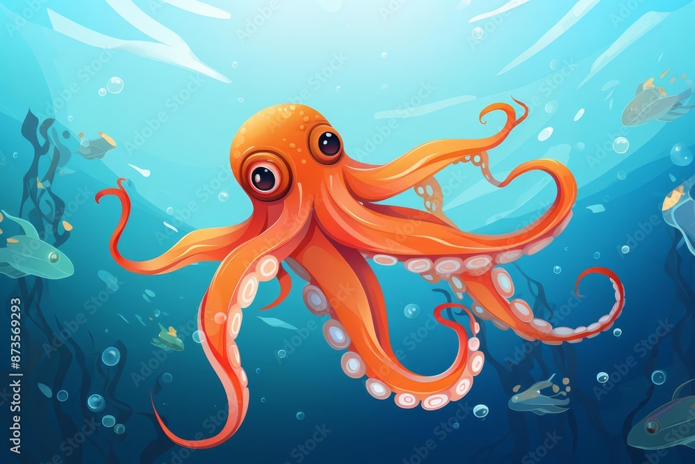 Obraz premium Squid jetting through water flat design top view ocean theme cartoon drawing vivid