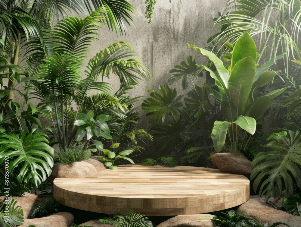 Obraz premium wooden podium in tropical forest for product - ai