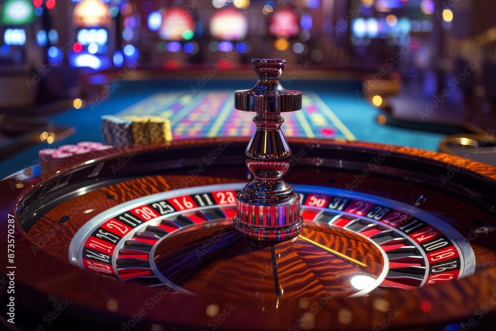 Obraz premium Vibrant casino scene showcasing a detailed roulette wheel with colorful chips stacked nearby