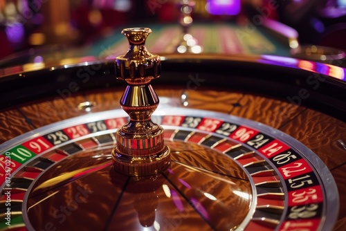 Detailed view of a spinning roulette wheel with vibrant colors at a casino