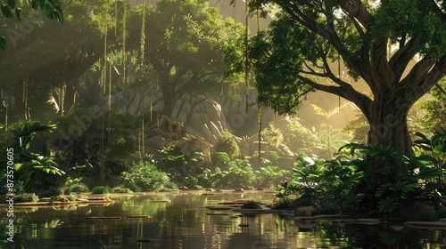 The Oasis of Open Source: A lush oasis, with sprawling trees and free software libraries. (Tan)
