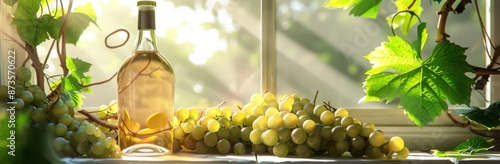 A Bottle of White Wine With Grapes and Vines on a Windowsill in Sunlight