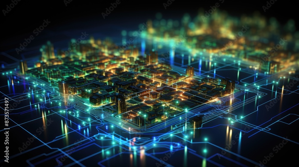 a digital map of the city with a green light.
a digital map of the city with a green light.