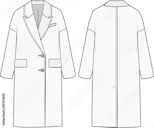 Long coat. Fashion illustration vector design template featuring two button closure, wool trench formal jacket.