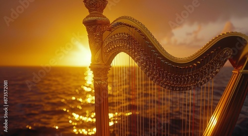 Golden Harp Silhouette Against Sunset Over Ocean