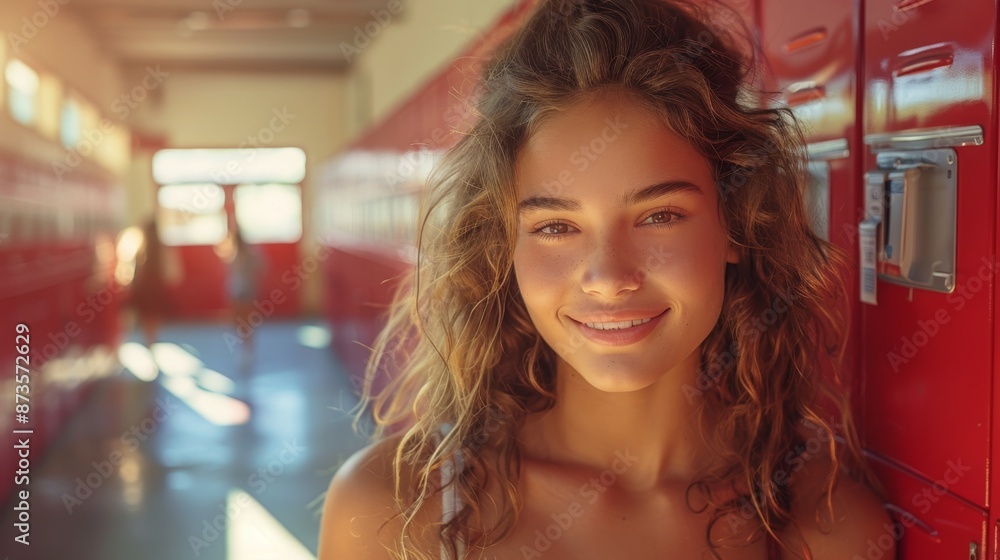 Portrait of a smiling teenage girl in a school hallway with lockers - Generative AI Portrait of a smiling teenage girl in a school hallway with lockers - Generative AI