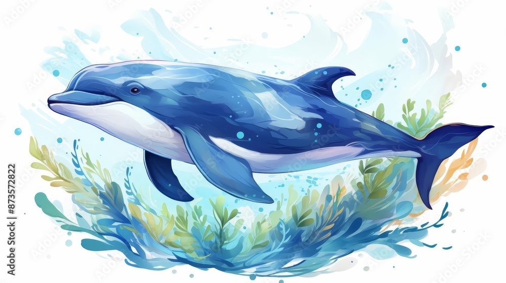 Naklejka premium Whale breaching dramatically flat design top view ocean waves cartoon drawing colored pastel