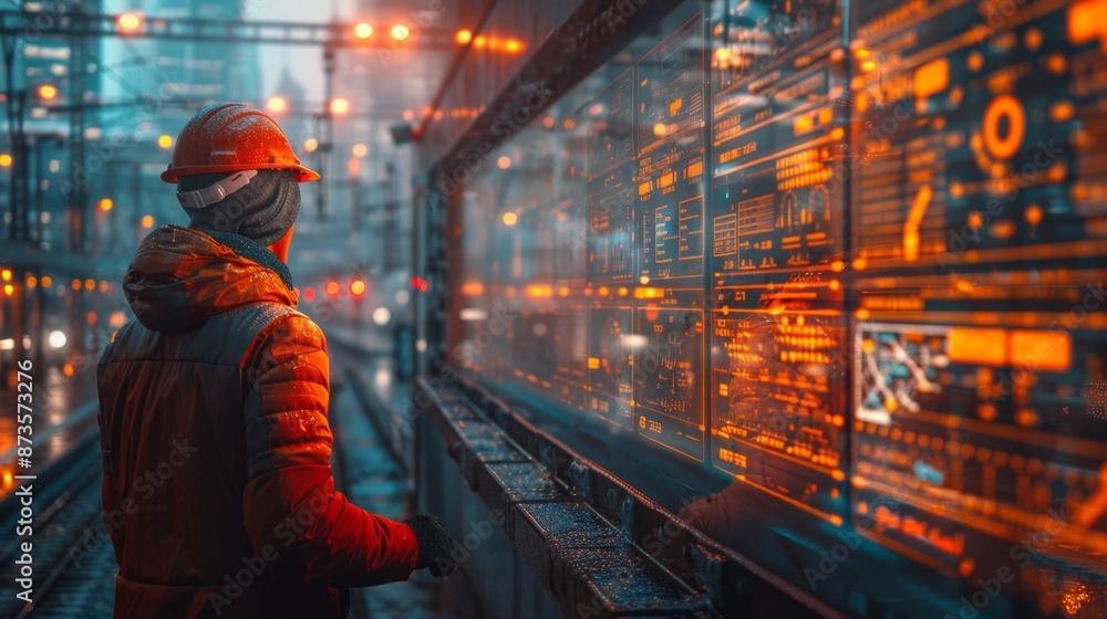 A construction worker analyzing futuristic data on a digital screen - Generative AI A construction worker analyzing futuristic data on a digital screen - Generative AI