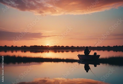 the silhouette of a man fishing in his boat on the mirror-bright and calm river, dramatic sunset colors painting the sky with warm hues.