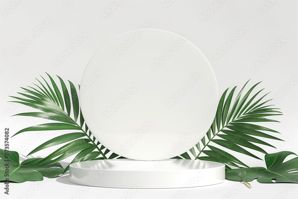 White podium with monstera and palm leaves for product display. Mock-up for exhibitions or presentation of organic products or natural items. 3D rendering. White podium with monstera and palm leaves for product display. Mock-up for exhibitions or presentation of organic products or natural items. 3D rendering.