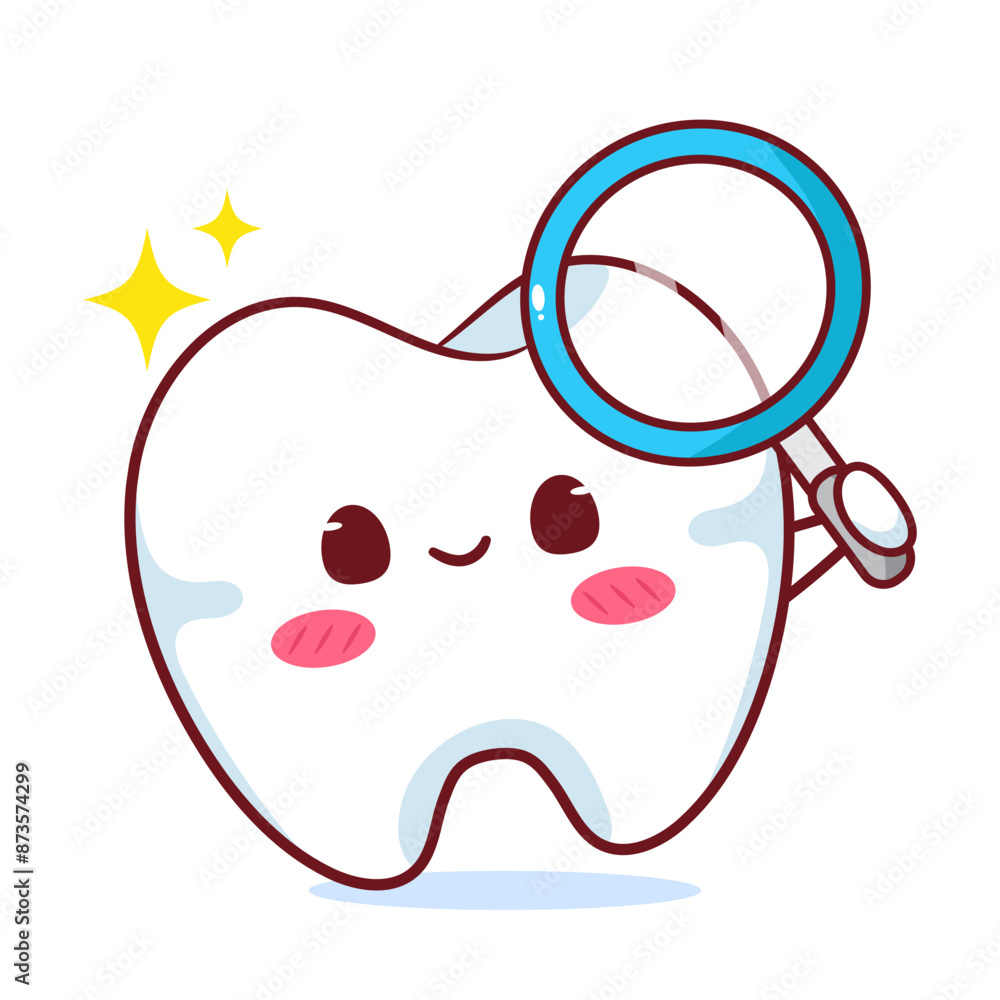 Cute Tooth With Magnifying Glass Cartoon Vector Character. Education Human Organ Dental Care Concept Design. Kawaii Object Illustration. Isolated White Background Cute Tooth With Magnifying Glass Cartoon Vector Character. Education Human Organ Dental Care Concept Design. Kawaii Object Illustration. Isolated White Background