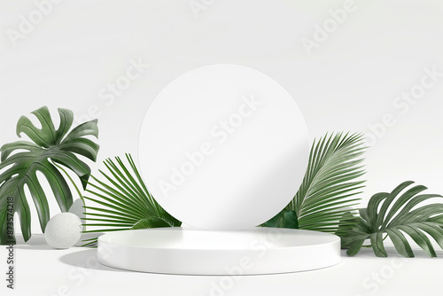 White podium with monstera and palm leaves for product display. Mock-up for exhibitions or presentation of organic products or natural items. 3D rendering.