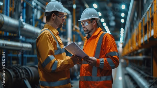 Two engineers in reflective vests and hard hats discuss plans in an industrial factory setting, showcasing teamwork and safety. © Naret