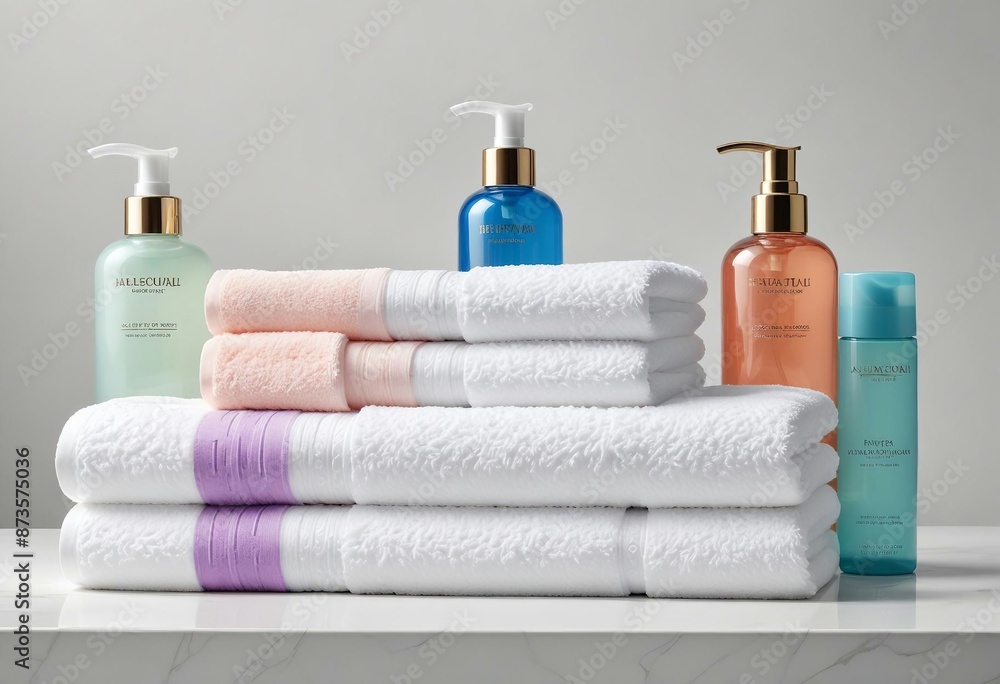 Luxury hotel towels and shampoos, advertisement shot
Luxury hotel towels and shampoos, advertisement shot