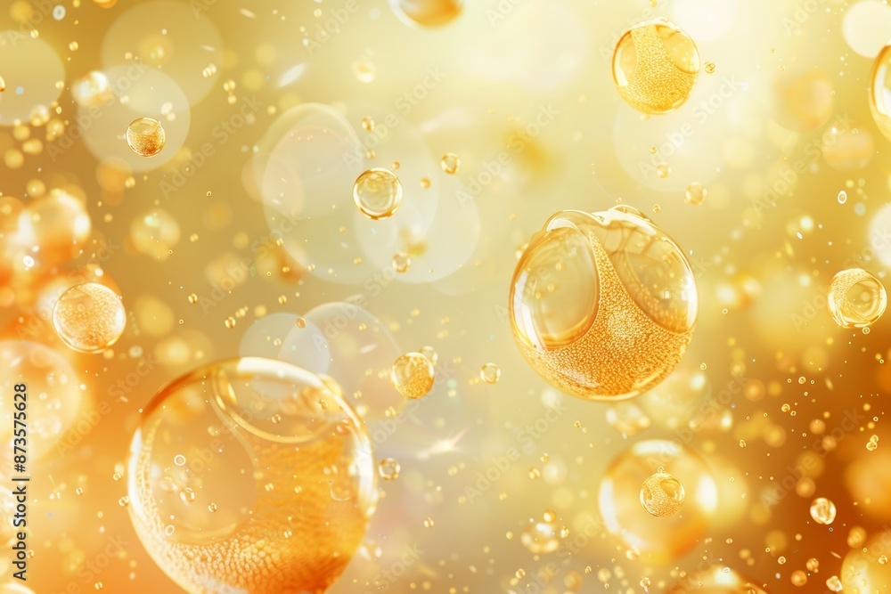 Golden serum bubbles abstract dna cosmetics background with collagen molecule fluid for skin health