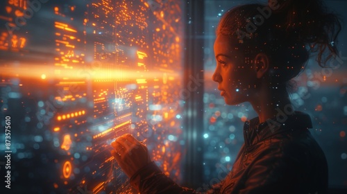 Woman Interacting with Futuristic Holographic Interface - Generative AI