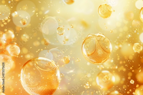 Obraz na płótnie Golden serum bubbles abstract dna cosmetics background with collagen molecule fluid for skin health w salonie