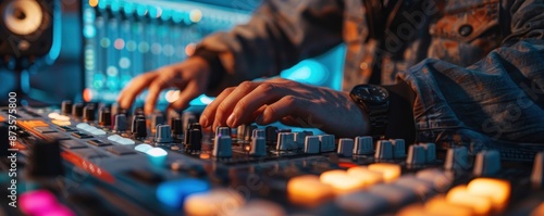 Close-up of hands mixing music on a soundboard in a studio with colorful lights. Professional audio production and sound engineering in action.