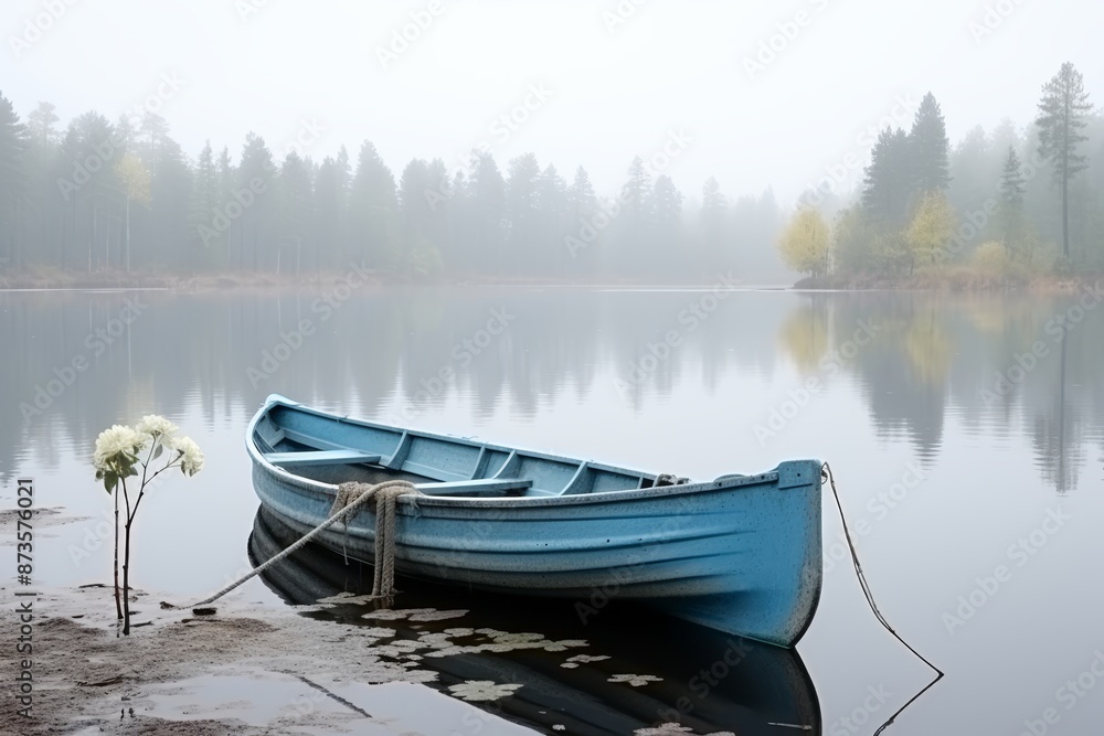 Obraz premium Lonely small white fishing boat on serene blue lake, creating a peaceful and picturesque scene