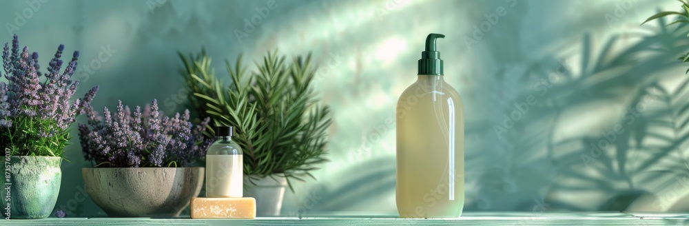 Lavender Plants, Soap, and Green Foliage on a Teal Shelf: A Teal Shelf With Three Potted Plants Lavender Plants, Soap, and Green Foliage on a Teal Shelf: A Teal Shelf With Three Potted Plants