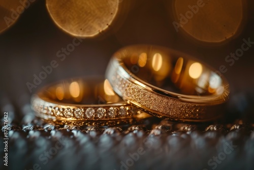 Closeup of two luxurious golden wedding rings with diamonds, reflecting soft light photo