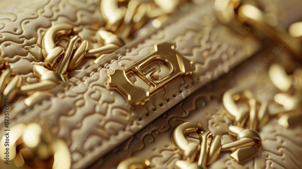 The gold logo on a beige designer handbag featuring intricate script and a glossy finish. The gold logo on a beige designer handbag featuring intricate script and a glossy finish.
