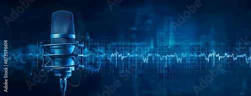 Close-up of a microphone with soundwave visualization in the background, representing audio recording and broadcasting technology.