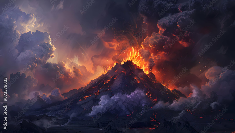 Dramatic volcanic eruption with fiery lava and dark smoke clouds at twilight, showcasing nature's raw power and beauty. Dramatic volcanic eruption with fiery lava and dark smoke clouds at twilight, showcasing nature's raw power and beauty.
