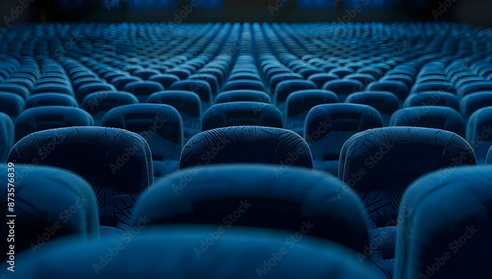 Fototapeta premium Empty theater with rows of blue seats, ready for an audience. Perfect for events, cinema screenings, conferences, or presentations.
