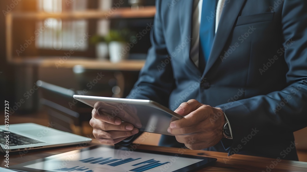 A mature businessman standing in an office, using tablet. A mature businessman standing in an office, using tablet.