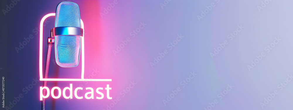 Neon microphone with podcast sign on a purple and blue gradient background, perfect for podcast branding and media content. Neon microphone with podcast sign on a purple and blue gradient background, perfect for podcast branding and media content.