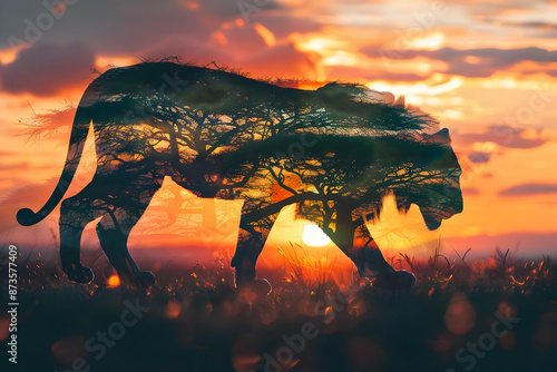 Silhouette of a majestic lion with African sunset double exposure, blending wildlife and nature in a stunning artistic composition. photo