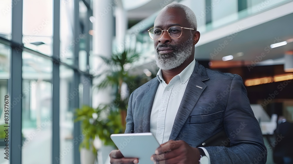 Fototapeta premium A mature businessman standing in an office, using tablet.