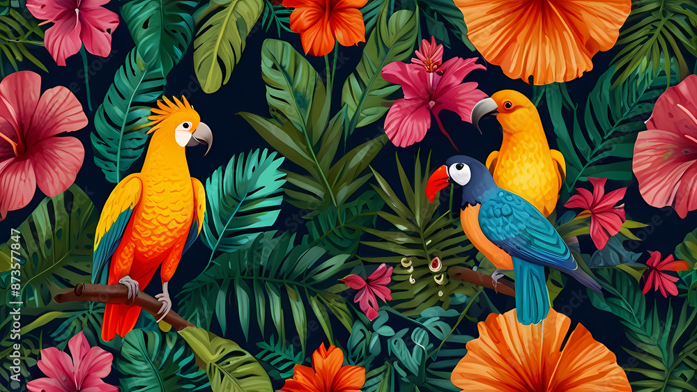 Obraz premium vibrant summer pattern illustration featuring tropical elements such as palm leaves, hibiscus flowers, pineapples, and exotic birds