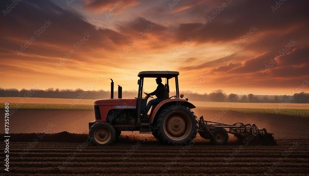 silhouette of farmer on tractor fixed with harrow plowing agriculture field soil at sunset
silhouette of farmer on tractor fixed with harrow plowing agriculture field soil at sunset