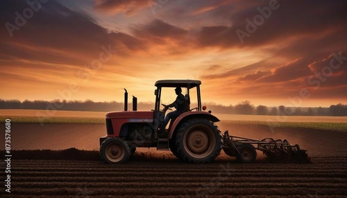 silhouette of farmer on tractor fixed with harrow plowing agriculture field soil at sunset
