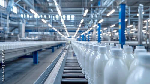 Conveyor belt carrying white plastic bottles at modern dairy factory